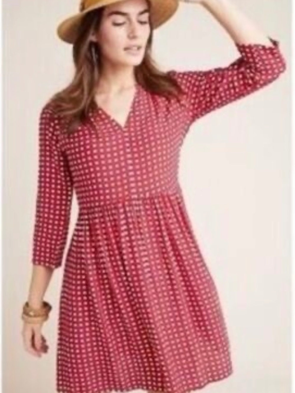 Anthropologie Maeve Women’s Red White Gingham 3/4 Sleeve Dress